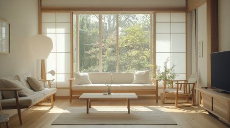 A serene Muji-inspired living room featuring a minimalist design with natural wood furniture, neutral tones, and large windows that let in ample natural light, creating a peaceful retreat.の素材