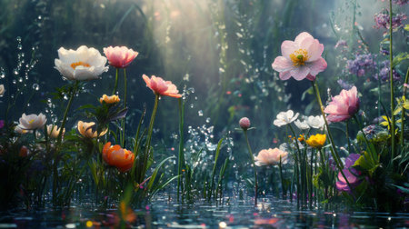 A tranquil garden scene featuring various blooming flowers, each adorned with delicate dew drops, reflecting the soft morning light and creating a serene atmosphere.の素材