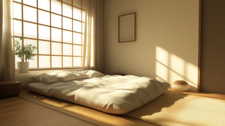 A tranquil Muji-style bedroom with a low-profile bed, soft bedding in earthy tones, and a minimalist aesthetic, promoting relaxation and a clutter-free environment.の素材