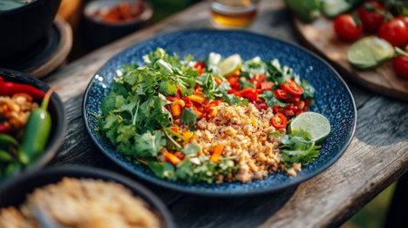 A vibrant plate of traditional Thai , featuring minced meat mixed with fresh herbs, lime juice, and chili, garnished with crispy rice and fresh vegetables, capturing the essence of Thai cuisine.の素材
