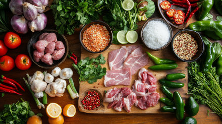 A vibrant market scene with fresh ingredients for making , including fresh herbs, chili peppers, and meats, showcasing the importance of quality in Thai cooking.の素材