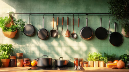 A vibrant kitchen scene showcasing a variety of pots and pans hanging from a rack, with fresh herbs and spices arranged neatly on the countertop, inviting culinary creativity.の素材
