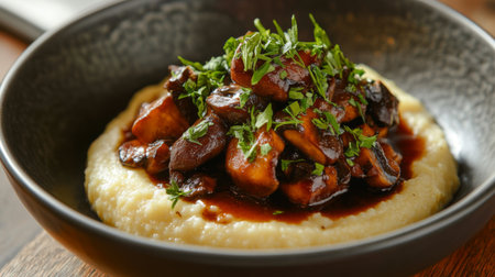A warm bowl of creamy polenta topped with sauted mushrooms and fresh herbs, showcasing its smooth texture and rich flavor, perfect for a comforting meal.の素材