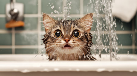 A wet, wide-eyed cat sitting in a small tub, its fur drenched and spiky, with a surprised expression as water gently pours over it.の素材