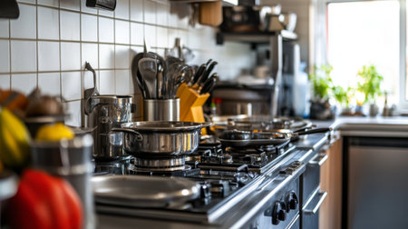 A chefs kitchen filled with high-end cookware, professional knives, and an induction stove ready for cooking.の素材