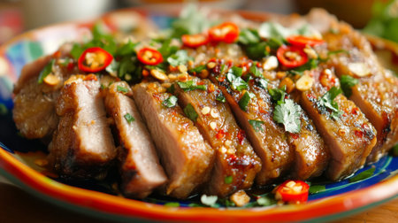A close-up of a crispy pork dish garnished with fresh herbs and chili slices, served on a colorful plate, capturing the flavors of traditional cuisine.の素材