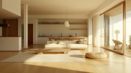 A Scandinavian-inspired minimalist home interior with warm wooden flooring, white walls, and simple yet stylish decor.の素材