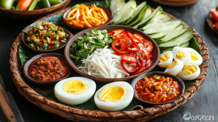 A colorful platter showcasing different types of Nam Prik, each in a small bowl, surrounded by neatly sliced fresh vegetables and boiled eggs.の素材