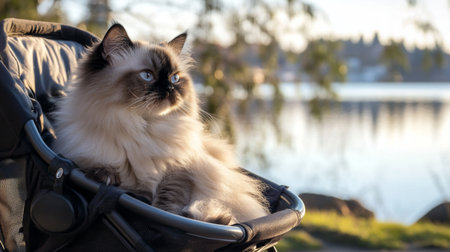 A fluffy Himalayan cat sitting calmly in a pet stroller, enjoying a slow ride along a quiet lakeside walkway.の素材
