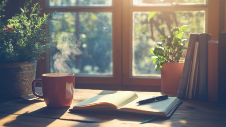 A cozy wooden work desk by a large window, bathed in natural sunlight, with an open notebook, pen, and a steaming mug of coffee.の素材