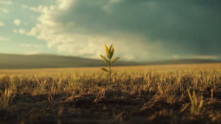A single seedling growing in the middle of a vast field, representing strength and perseverance.の素材