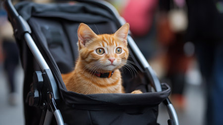 A small orange tabby cat inside a stylish black pet stroller, staring curiously at passersby in a shopping district.の素材