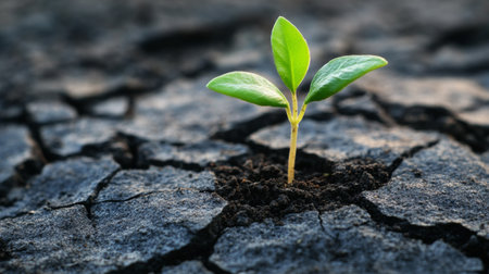 A small, delicate seedling emerging from cracked soil, symbolizing resilience and new beginnings.の素材