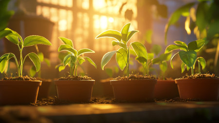 A time-lapse-inspired scene of seedlings growing under the changing light of the day, representing the cycle of life.の素材