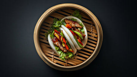 A flat lay of a pork belly bao bun, filled with tender meat, pickled vegetables, and spicy sauce, presented on a bamboo steamer for an authentic touch.の素材