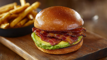 A close-up of a bacon and avocado sandwich, with crispy bacon peeking out, served on a wooden cutting board with a side of fries.の素材