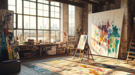 A creative workspace in a loft, featuring an artist's studio with large windows, colorful paint splatters, and an easel, showcasing the fusion of work and inspiration.の素材