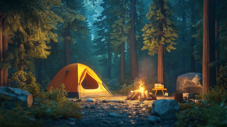 A cozy campsite set up in a serene forest, featuring a brightly colored tent, a crackling campfire, and surrounding trees, creating a perfect outdoor retreat for nature lovers.の素材