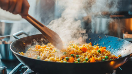 A close-up of steaming curried fried rice being served from a wok, with golden hues from the curry powder and fresh ingredients like peas and carrots.の素材