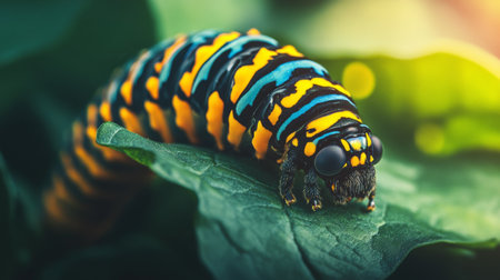 A close-up of a caterpillar munching on a green leaf, with vibrant colors and textures, showcasing the life cycle of insects and their role in nature.の素材