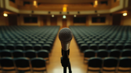 A microphone positioned on a lectern in a large conference hall, ready for a keynote speech, with rows of empty seats in the background.の素材