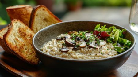 A hearty mushroom risotto served in a rustic bowl, accompanied by a side of crispy garlic bread and a fresh salad, perfect for a satisfying and wholesome meal.の素材