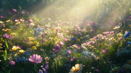 A lush meadow filled with wildflowers, each blossom adorned with dew drops, glimmering under the sun, creating a picturesque scene of natures beauty.の素材