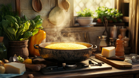 A rustic Italian kitchen scene with a pot of polenta bubbling on the stove, surrounded by fresh ingredients like cornmeal, herbs, and cheese, capturing the essence of homemade cooking.の素材