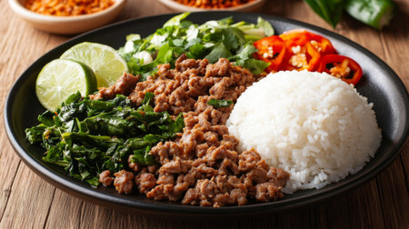 A vibrant plate of traditional Thai , featuring minced meat mixed with fresh herbs, lime juice, and chili, garnished with crispy rice and fresh vegetables, capturing the essence of Thai cuisine.の素材