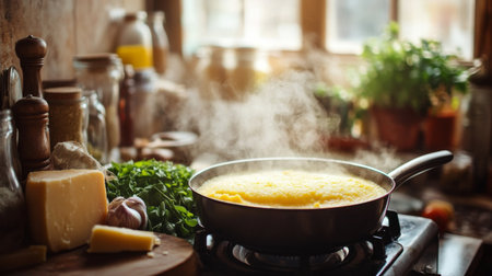 A rustic Italian kitchen scene with a pot of polenta bubbling on the stove, surrounded by fresh ingredients like cornmeal, herbs, and cheese, capturing the essence of homemade cooking.の素材