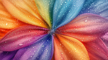 A macro shot of a colorful flower with drops of dew, highlighting the contrast between the vibrant colors and the transparent droplets, evoking a sense of freshness.の素材