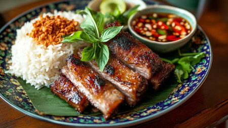 A traditional Thai dish featuring pork belly cooked in a savory sauce, served on a vibrant plate with jasmine rice and fresh herbs, showcasing local flavors.の素材