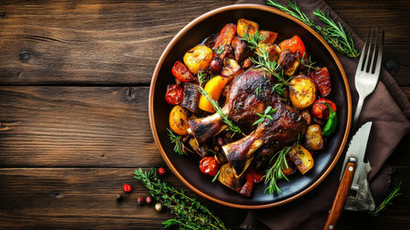 A mouthwatering dish of slow-cooked lamb shank served with roasted vegetables and herbs, beautifully plated on a rustic wooden table.の素材