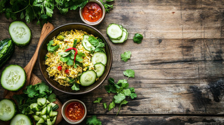 A rustic wooden table set with a bowl of curried fried rice, surrounded by fresh herbs, sliced cucumbers, and a small dish of spicy sauce for dipping.の素材