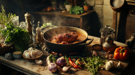 A rustic kitchen scene with a pot of crispy pork simmering in sauce, surrounded by fresh vegetables and aromatic spices, showcasing home cooking.の素材