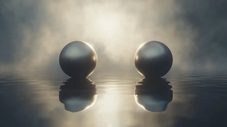 D graphic spheres floating in space, with reflections and soft shadows, creating a futuristic and abstract composition on a dark canvasの素材