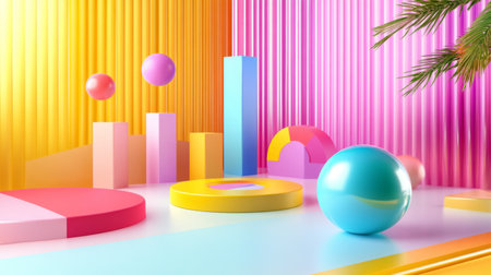 D bars and pie chart graphics in vivid colors, floating in space against a neutral backdrop for a visually impactful designの素材