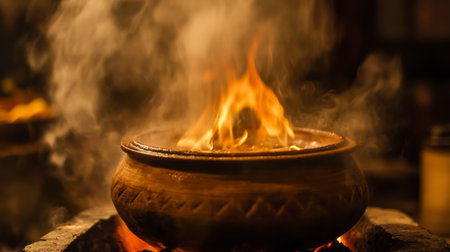 An atmospheric image of a traditional clay pot simmering over an open flame, with steam rising and aromatic spices filling the air, evoking a sense of home-cooked warmth.の素材