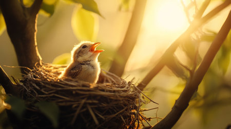 An enchanting shot of a baby bird chirping from its nest at dawn, with soft morning light illuminating its delicate features, evoking a sense of new beginnings.の素材