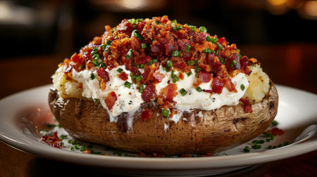 An appealing shot of a loaded baked potato topped with crispy bacon bits, sour cream, and chives, highlighting the deliciousness of this comfort foodの素材