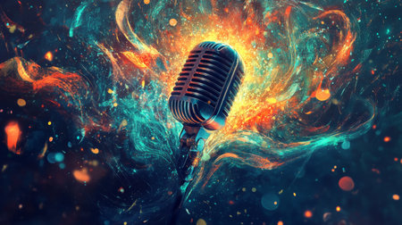 An abstract image of a microphone with swirling colors and lights, creating a vibrant atmosphere that symbolizes energy and creativity in musicの素材