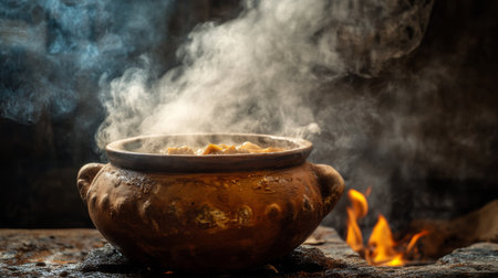 An atmospheric image of a traditional clay pot simmering over an open flame, with steam rising and aromatic spices filling the air, evoking a sense of home-cooked warmth.の素材