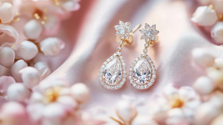 An elegant presentation of diamond earrings on a soft silk cloth, arranged with delicate floral accents, enhancing their luxury and charmの素材