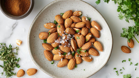 A beautifully arranged plate of roasted almonds with a sprinkle of sea salt, surrounded by fresh herbs and spices, perfect for a healthy snack display.の素材