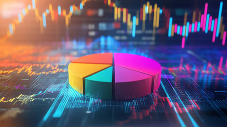 A D financial pie chart with vibrant colors, representing different revenue streams, set against a digital background with stock market graphs in the distance.の素材