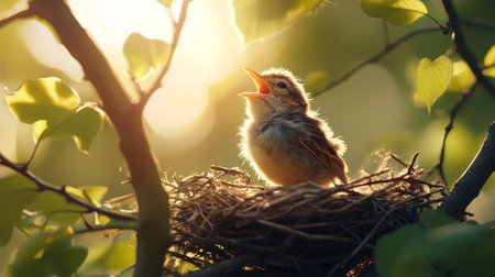 An enchanting shot of a baby bird chirping from its nest at dawn, with soft morning light illuminating its delicate features, evoking a sense of new beginnings.の素材