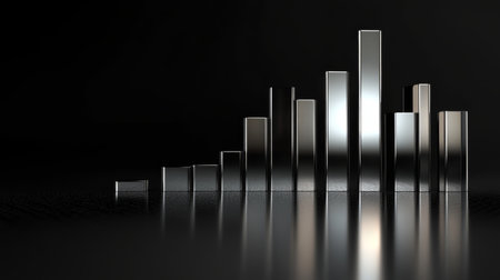 A D financial bar graph with metallic bars, representing revenue comparison between different companies, placed on a reflective surface with a sleek black background.の素材