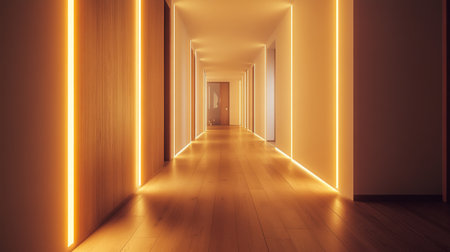 An inviting minimalist hallway with wooden flooring, soft lighting, and a few decorative elements that enhance the simplicity and elegance of the spaceの素材