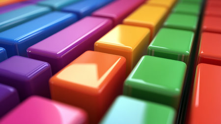 Array of rainbow-colored D bars in a row, gradually increasing in height, with smooth shadows and reflectionsの素材