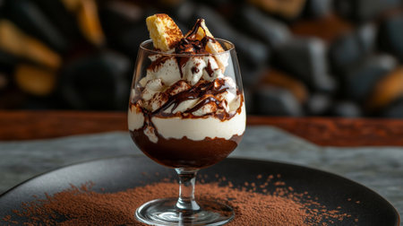 A beautiful presentation of tiramisu in a glass, layered with coffee-soaked ladyfingers and mascarpone cream, drizzled with chocolate sauce, tempting dessert lovers everywhere.の素材